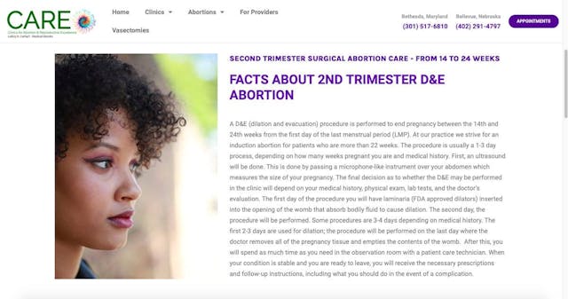 Screenshot from LeRoy Carhart’s website advertising second trimester D&E abortions Nebraska’s dismemberment abortion ban goes into effect image