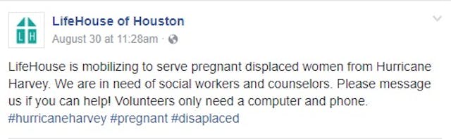 Pro-life ministries impacted by Harvey are still working to help moms in need image
