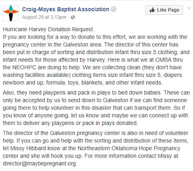 Pro-life ministries impacted by Harvey are still working to help moms in need image