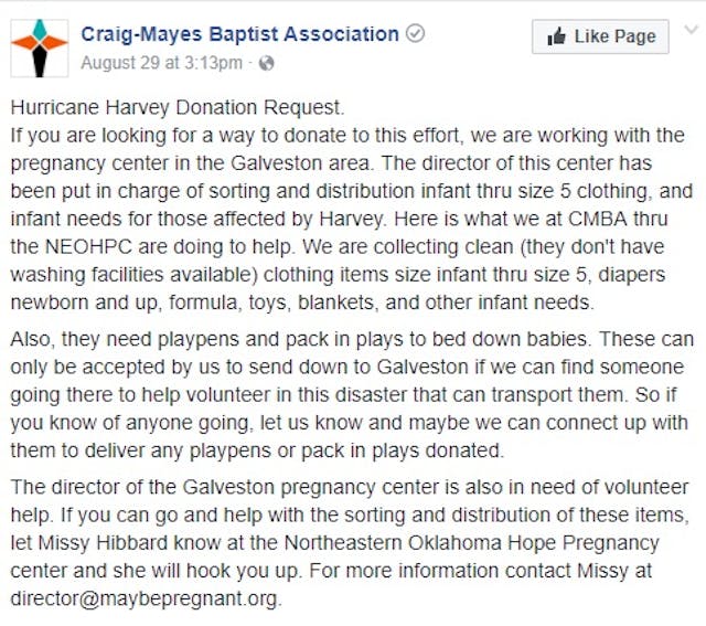 Pro-life ministries impacted by Harvey are still working to help moms in need image