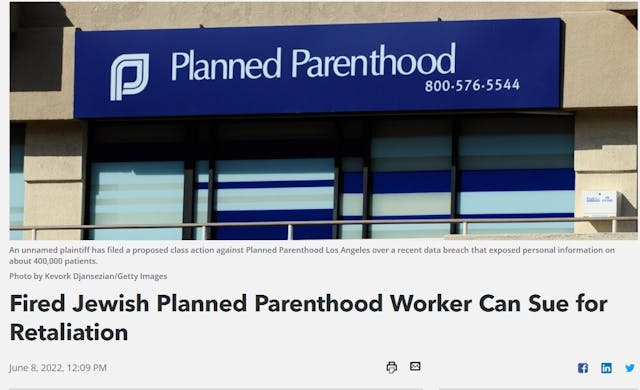 Bloomberg Fired Jewish Planned Parenthood Worker can Sue for Retaliation Image: Bloomberg Fired Jewish Planned Parenthood Worker can Sue for Retaliation, anti-Semitism
