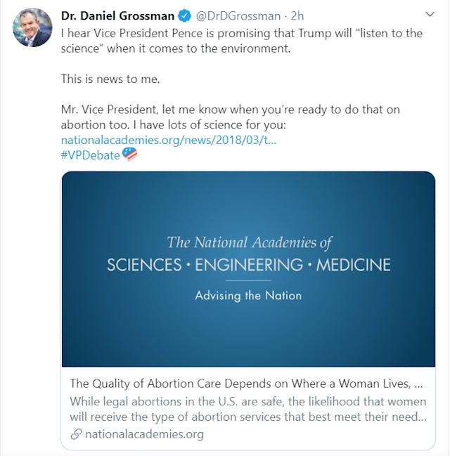 Abortionist Daniel Grossman tweet on 2020 VP Debate science and abortion (Image: Twitter) Image: Abortionist Daniel Grossman tweet on 2020 VP Debate science and abortion (Image: Twitter)