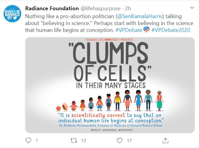 Radiance Foundation tweet on 2020 VP Debate science and abortion (Image: Twitter) Image: Radiance Foundation tweet on 2020 VP Debate science and abortion (Image: Twitter)
