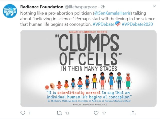 Image: Radiance Foundation tweet on 2020 VP Debate science and abortion (Image: Twitter)