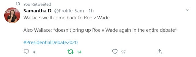 Pro-lifers critical that Chris Wallace left Roe v Wade questions out of 2020 Presidential Debate (Image: Twitter) Image: Pro-lifers critical that Chris Wallace dodged Roe v Wade questions in 2020 Presidential Debate (Image: Twitter)
