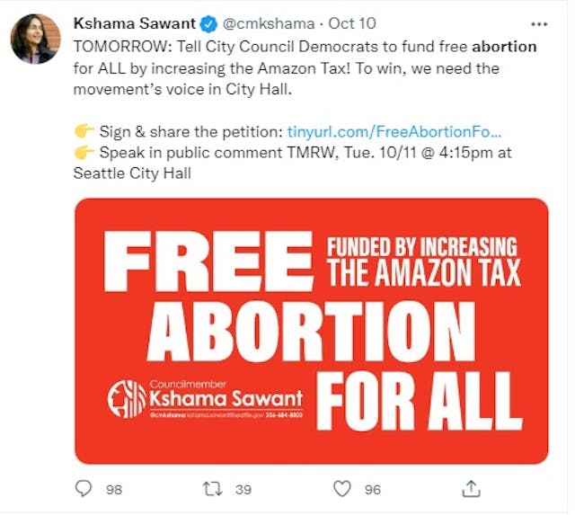 Seattle Council women Kshama Sawant proposes funding abortion (Image: Twitter) Image: Seattle Council women Kshama Sawant proposes funding abortion (Image: Twitter)