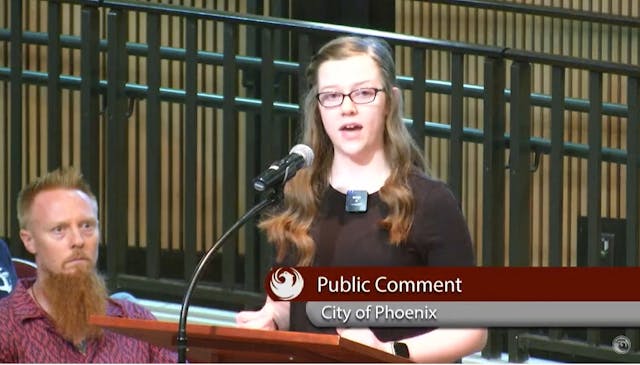 Image: Lauren Walker opposing an abortion resolution during Phoenix City Council meeting