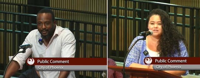 Image: Candace and Christopher Samuels oppose abortion resolution during Phoenix City Council meeting