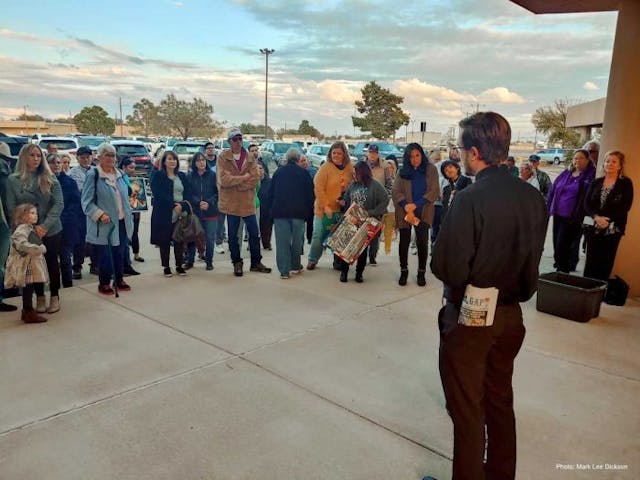 Pastor Kyle Brown with Grace Lutheran Church in Hobbs speaks before a crowd before the Hobbs City Commission Meeting. (Photo: Mark Lee Dickson)
