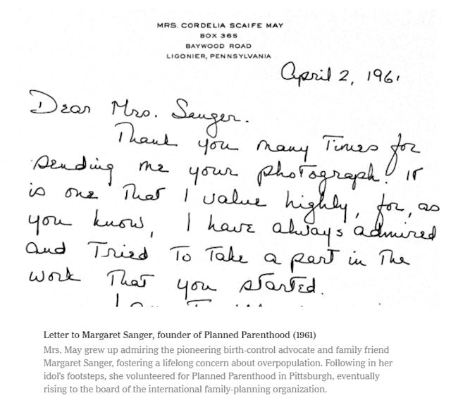 Image: Letter to Margaret Sanger by Cordelia Scaife May (Image: New York Times)