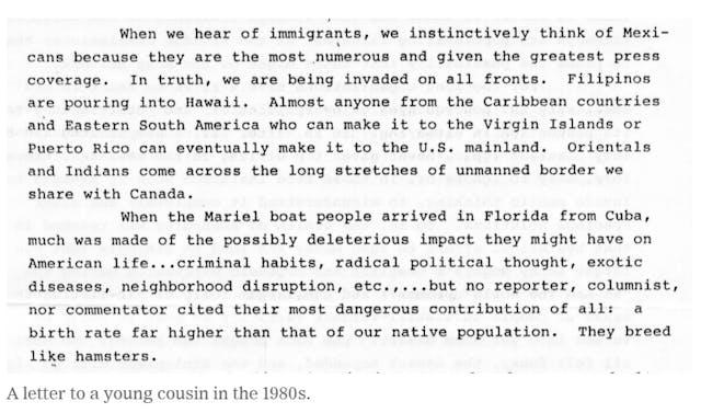 Cordelia Scaife May letter on immigrants “breeding” (Image Credit: New York Times) Image: Cordelia Scaife May letter on immigrants breeding (Image Credit: New York Times)