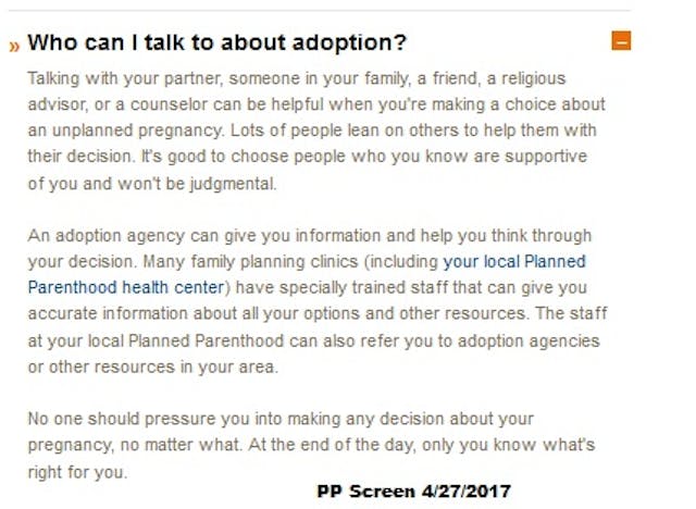 Screenshot Planned Parenthood on adoption