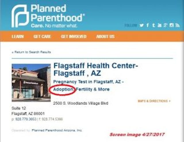 Planned Parenthood Flagstaff claims to offer Adoption services
