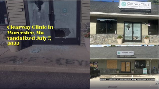 Clearway Clinic in Worcester, MA vandalized July 7 2022 and tagged Jane’s Revenge Image" Clearway Clinic in Worcester, MA vandalized July 7 2022 and tagged Jane's Revenge