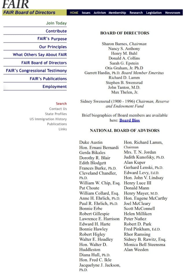 Federation of American Anti-immigration Reform (FAIR) 2000 board John Tanton Donald A Collins Image: Federation of American Anti-immigration Reform (FAIR) 2000 board John Tanton Donald A Collins
