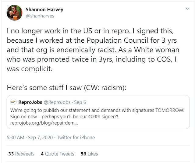 Population Council accused of being endemically racist according to Shannon Harvey (Image: Twitter) Image: Population Council accused of being endemically racist according to Shannon Harvey (Image: Twitter)
