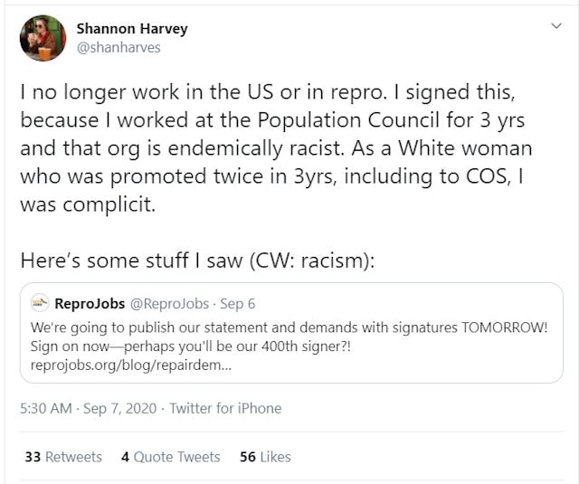 Image: Population Council accused of being endemically racist according to Shannon Harvey (Image: Twitter)
