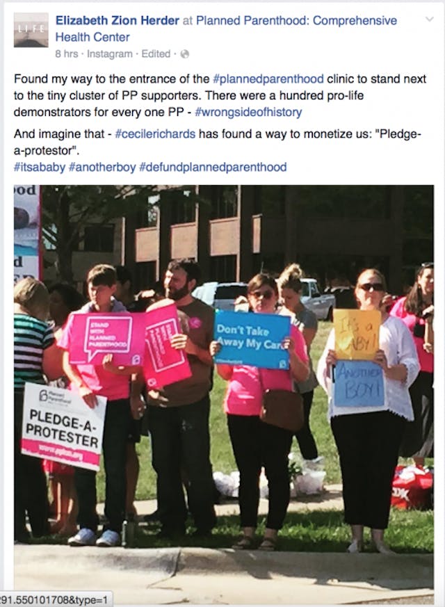 Elizabeth Zion Herder posted a picture of the pro-abortion demonstrators she saw at the Kansas City region’s Overland Park Planned Parenthood, which she estimated were outnumbered 100 to 1. This middle America location alone had about 700 protesters, and it wasn’t the largest. Screen Shot 2015-08-22 at 7.16.06 PM