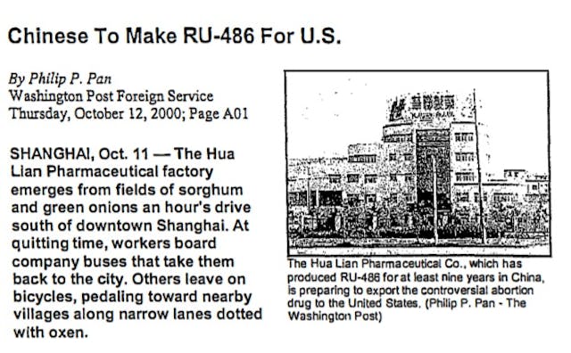 Chinese to make abortion pill (Image: Washington Post October 2000) Image: Chinese to make abortion pill (Image: Washington Post October 2000)