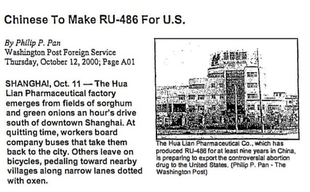 Image: Chinese to make abortion pill (Image: Washington Post October 2000)