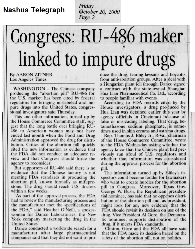 Image: Abortion pill manufactured in China where drugs are not safe (Image: Nashua Telegraph 2000)