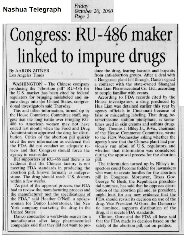 Abortion pill manufactured in China where drugs are not safe (Image: Nashua Telegraph 2000) Image: Abortion pill manufactured in China where drugs are not safe (Image: Nashua Telegraph 2000)