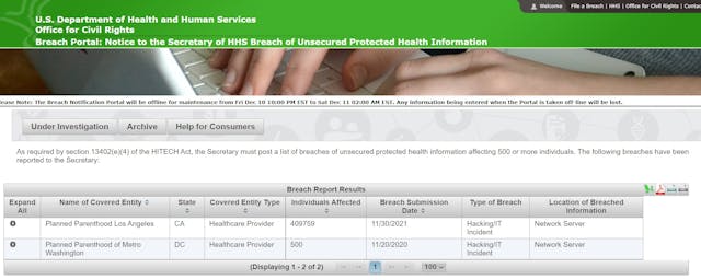 Image: Planned Parenthood data breach Los Angeles Metro Washington OCR portal 12092021