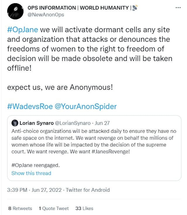 Anonymous group with hashtag OpJane threatens cyber-attacks on pro-life websites (Image: Twitter) Image: Anonymous group with hashtag OpJane threatens cyber-attacks on pro-life websites (Image: Twitter)