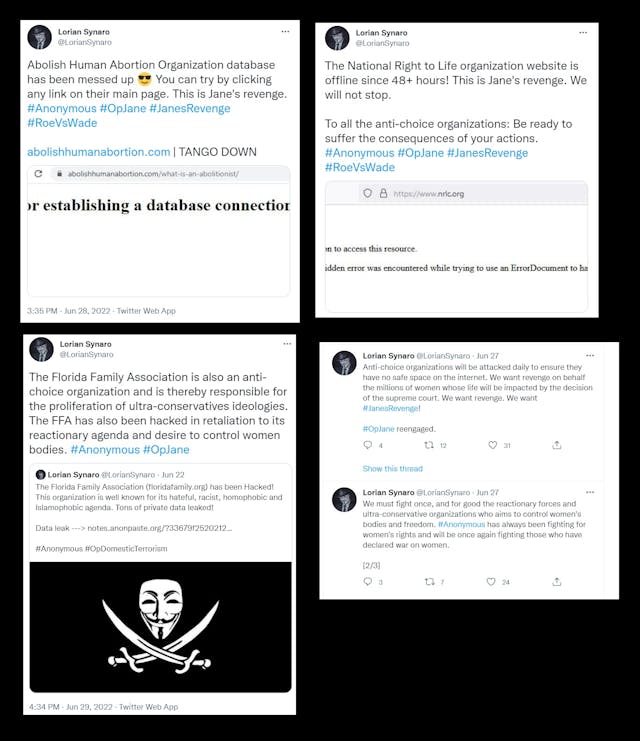 OpJane @LorianSynaro handle tweets multiple cyber-attacks against prolife websites (Images: Twitter) Image: OpJane @LorianSynaro handle tweets multiple cyber-attacks against prolife websites (Images: Twitter)