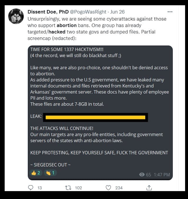 PogoWasRight tweet about abortion cyber attack (Image: Twitter) Image: PogoWasRight tweet about abortion cyber attack (Image: Twitter)