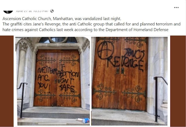 Ascension Catholic Church in NYC vandalized with proabortion Janes Revenge threat (Image: Facebook) Image: Ascension Catholic Church in NYC vandalized with proabortion Janes Revenge threat (Image: Facebook)