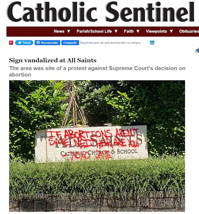 Portland All Saints Catholic Church sign vandalized (Image: Catholic Sentinel) Image: Portland All Saints Catholic Church sign vandalized (Image: Catholic Sentinel)