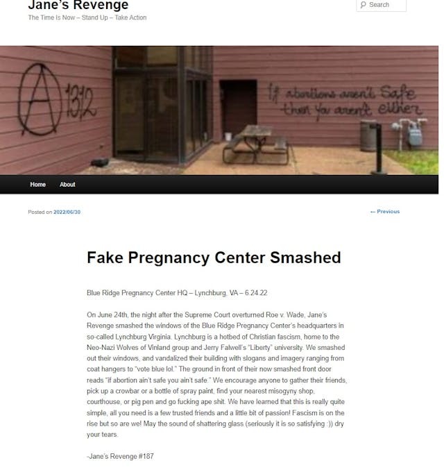 June 30 Janes Revenge takes credit for vandalism at Blue Ridge PRC in Lynchburg VA Image: June 30 Janes Revenge takes credit for vandalism at Blue Ridge PRC in Lynchburg VA
