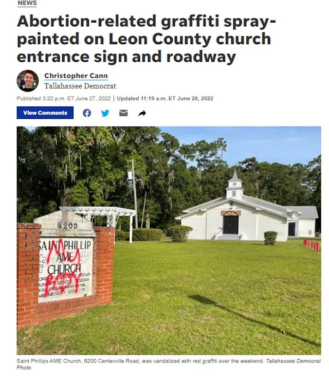 Tallahassee AME church sign spray painted with pro-abortion message (Image: Tallahassee Democrat) Image: Tallahassee AME church sign spray painted with pro-abortion message (Image: Tallahassee Democrat)