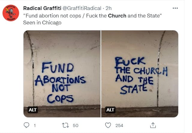 Graffiti in Chicago Fund Abortions and F the Church (Image: Radical Graffiti Twitter) Image: Graffiti in Chicago Fund Abortions and F the Church (Image: Radical Graffiti Twitter)