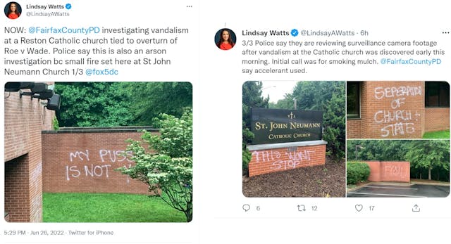 Image: Graffiti abortion messages at St John Neuman Catholic Church on Reston VA. (Images: Twitter)