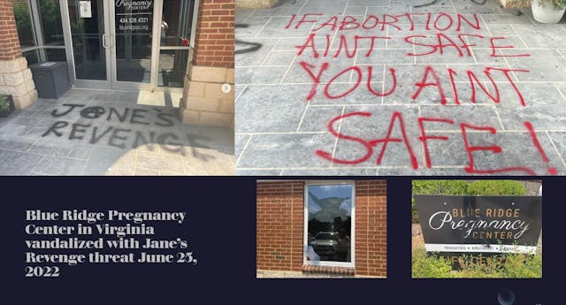 Image: Blue Ridge Pregnancy Center vandalized with Jane's Revenge threat