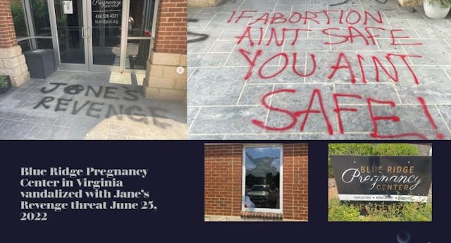 Blue Ridge Pregnancy Center vandalized with Janes Revenge threat Image: Blue Ridge Pregnancy Center vandalized with Jane's Revenge threat