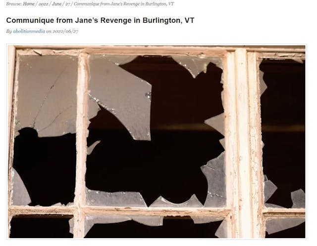 Jane’s Revenge Vermont takes credit for vandalizing prolife pregnancy center Image: Jane's Revenge Vermont takes credit for vandalizing prolife pregnancy center