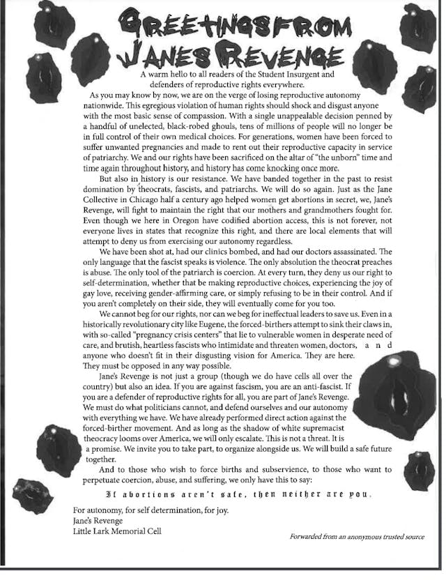 Jane’s Revenge Oregon cell message from Student Insurgent Image: Jane's Revenge Oregon cell message from Student Insurgent