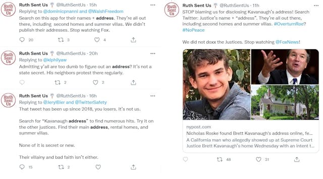 Abortion extremist group RuthSentUs claims they did not publish SCOTUS addresses (Images: Twitter) Image: Abortion extremist group RuthSentUs claims they did not publish SCOTUS addresses (Images: Twitter)