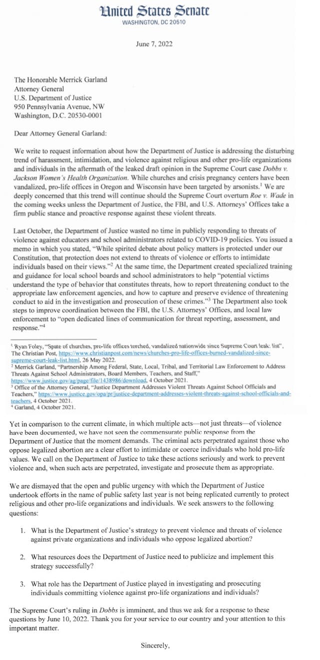 US Senators letter ask DOJ to investigate pro-abortion violence against pro-life Image US Senators letter ask DOJ to investigate pro-abortion violence against pro-life