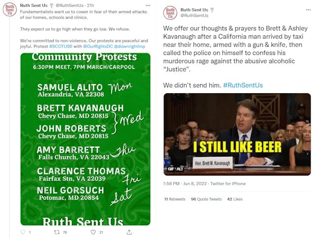 RuthSentUs responds to murder plot against Justice Kavanaugh (Image: Twitter) Image: RuthSentUs responds to murder plot against Justice Kavanaugh (Image: Twitter)