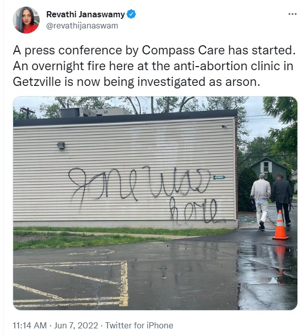 Image: CompassCare Pregnancy Services buffalo NY Firebombed with message "Jane Was Here" (Image: Twitter)