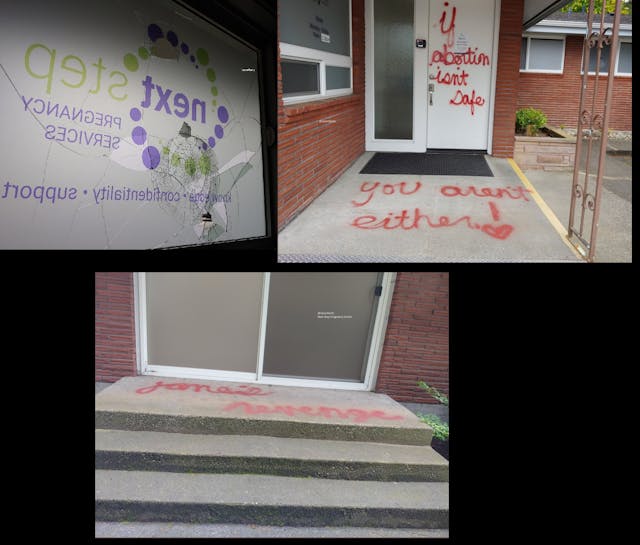 Next Step pro-life PRC vandalized with Jane’s Revenge and abortion threat Image: Next Step pro-life PRC vandalized with Jane's Revenge and abortion threat