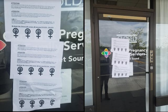 Care Net Puget Sound Federal WA vandalized with posters directing clients to Planned Parenthood Image: Care Net Puget Sound Federal WA vandalized with posters directing clients to Planned Parenthood