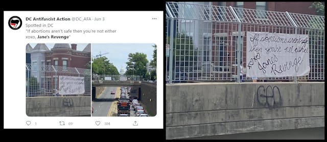 DC Janes Revenge message If Abortions aren’t safe then your not either DC overpass Image: DC Janes Revenge message If Abortions arent safe then your not either DC overpass