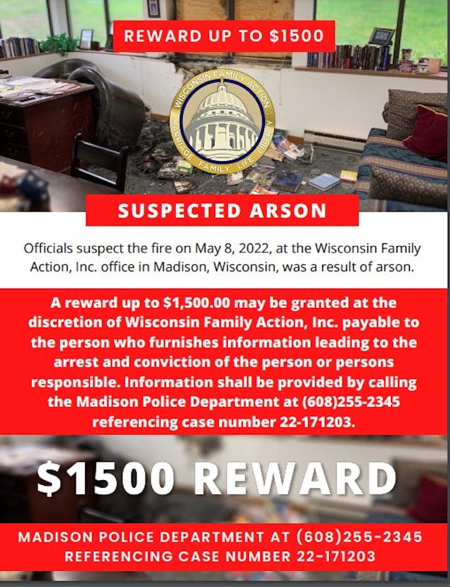 Reward offered by Wisconsin Family Action for fire bomb arson from Janes Revenge Image: Reward offered by Wisconsin Family Action for fire bomb arson from Janes Revenge