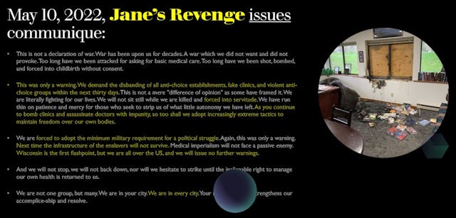 May 10 pro-abortion terrorist group Janes Revenge issued threatening communique Image: May 10 pro-abortion terrorist group Janes Revenge issues threatening communique