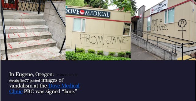 Dove Medical Clinic vandalized with pro-abortion threat Janes Revenge Image: Dove Medical Clinic vandalized with pro-abortion threat Janes Revenge